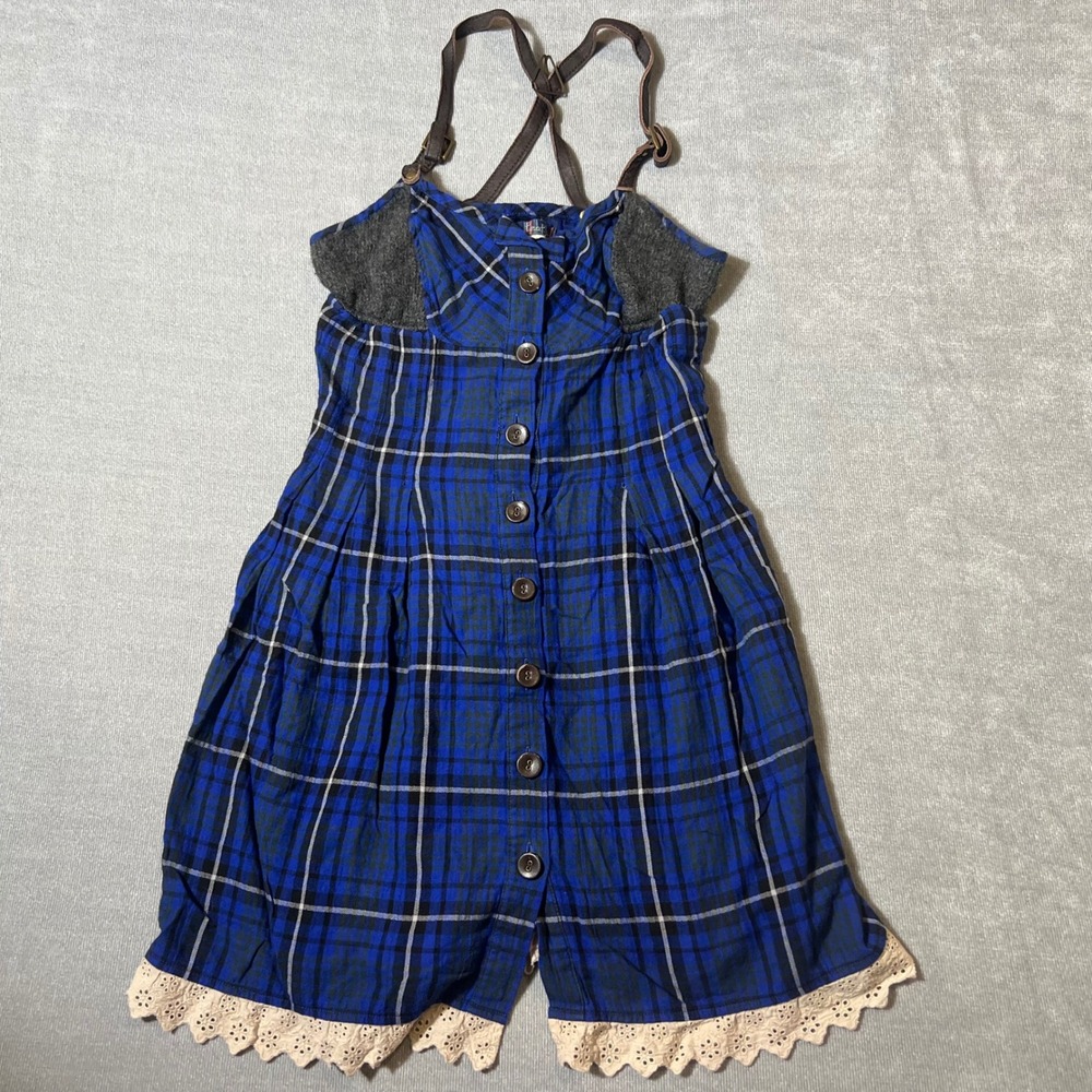 Free People Blue Plaid Mini Dress Leather Straps Lace Trim wool blend Size 6